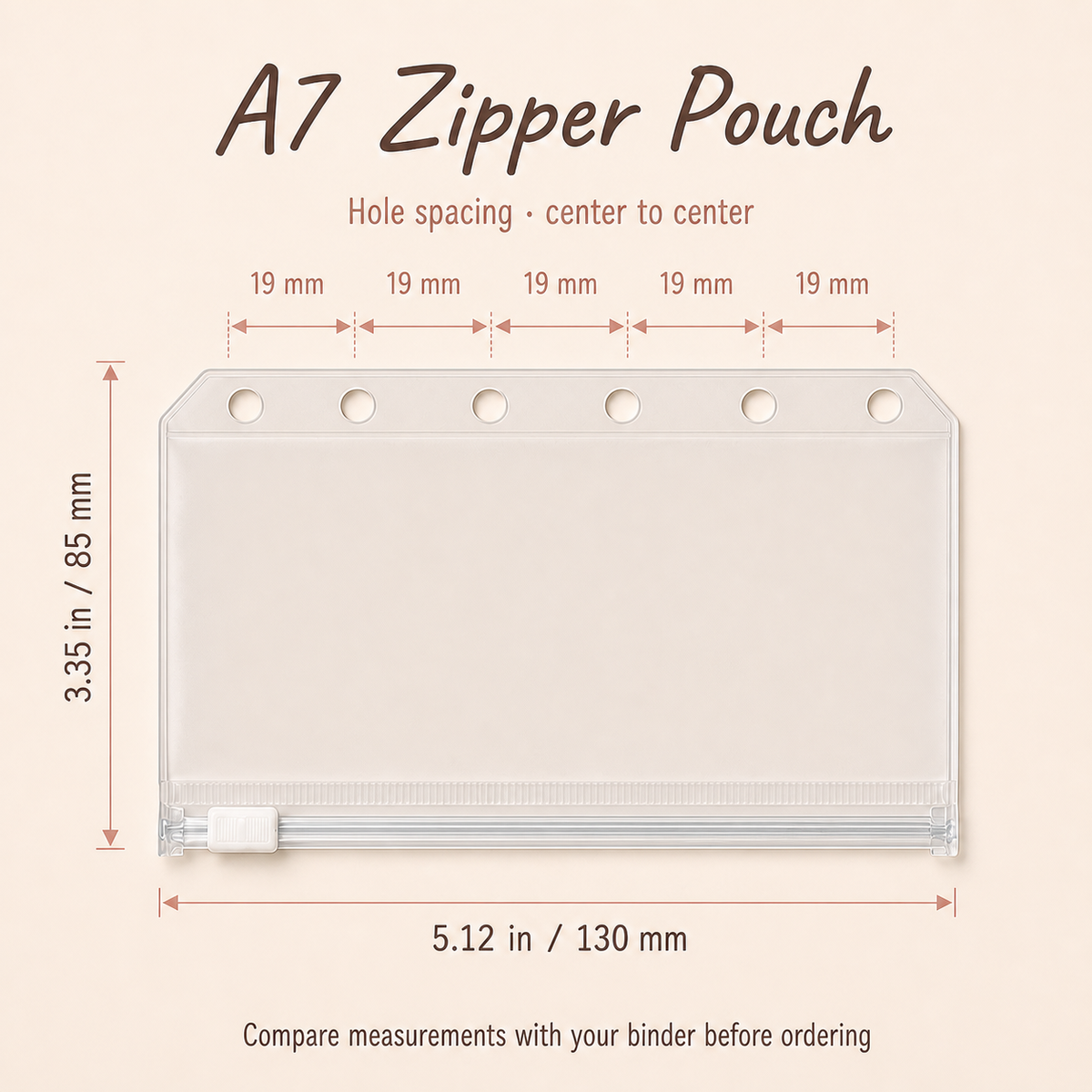 A7 — A7 zipper binder pocket size and evenly spaced six-hole guide