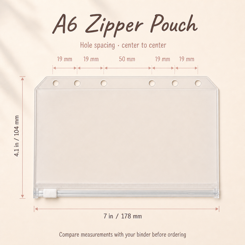 A6 zipper binder pocket size and six-hole spacing guide