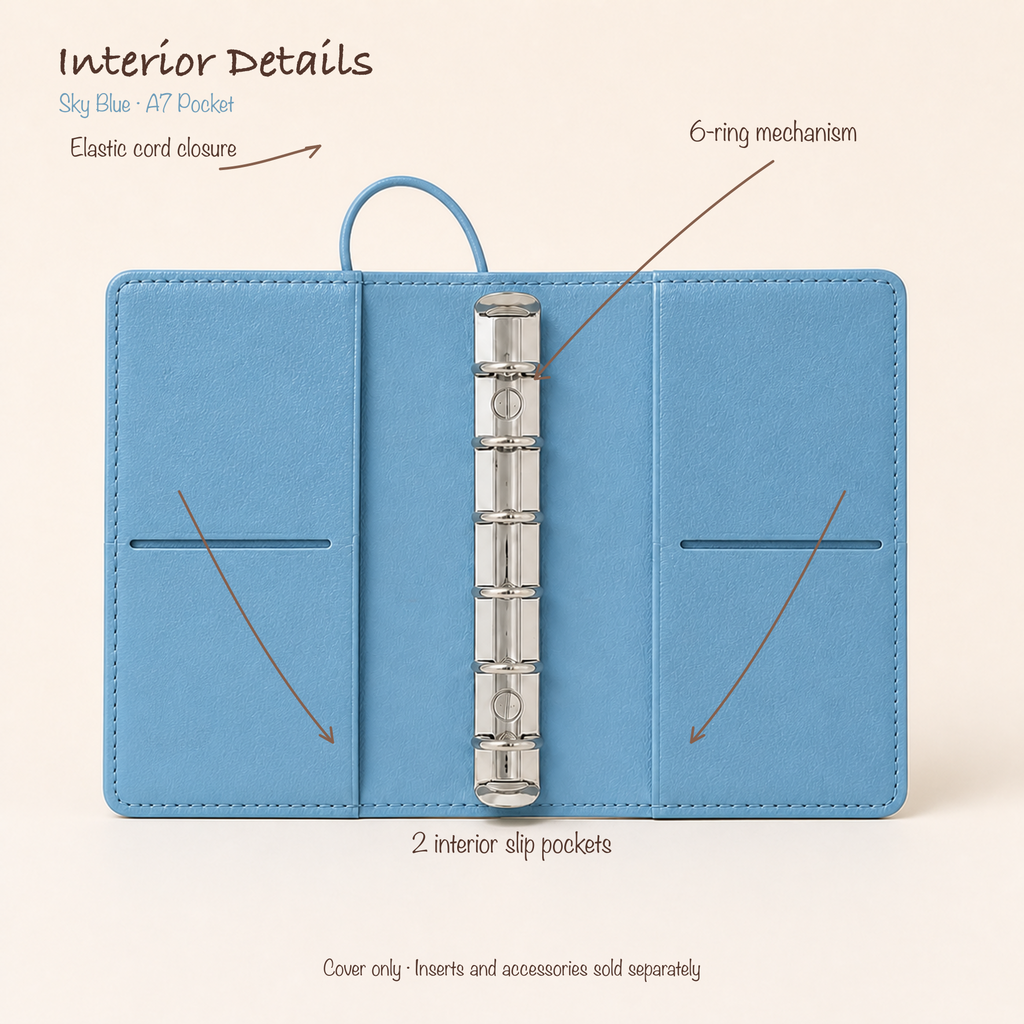 Sky Blue A7 Pocket planner cover open with silver six-ring mechanism, elastic closure, and two interior slip pockets