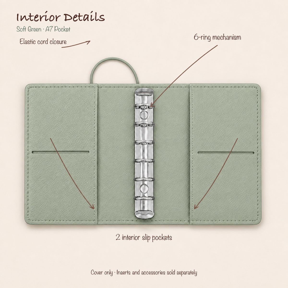 Soft Green A7 Pocket planner cover open with silver six-ring mechanism, elastic closure, and two interior slip pockets