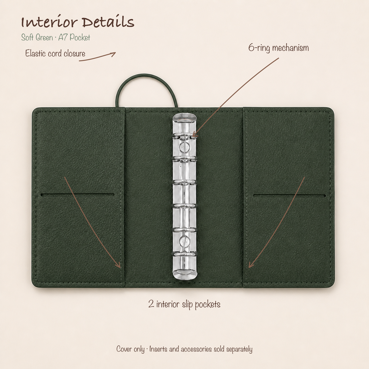 Soft Green A7 Pocket planner cover open with silver six-ring mechanism, elastic closure, and two interior slip pockets