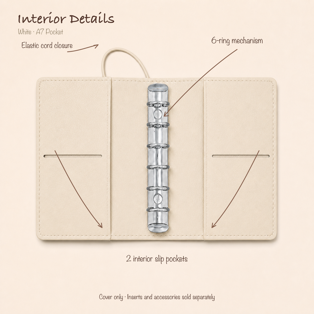 White A7 Pocket planner cover open with silver six-ring mechanism, elastic closure, and two interior slip pockets