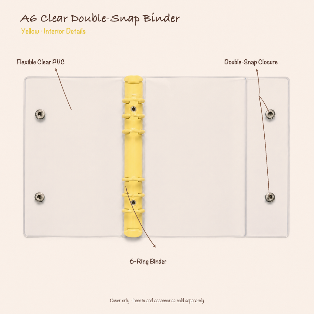 Opened Yellow A6 clear PVC planner binder showing six-ring mechanism and double-snap closure