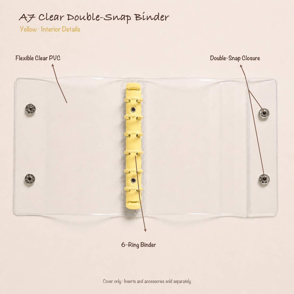 Opened Yellow A7 clear PVC planner binder showing six-ring mechanism and double-snap closure
