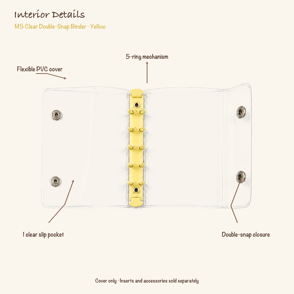 Opened Yellow M5 clear PVC binder showing flexible cover, five-ring mechanism, one slip pocket and double-snap closure