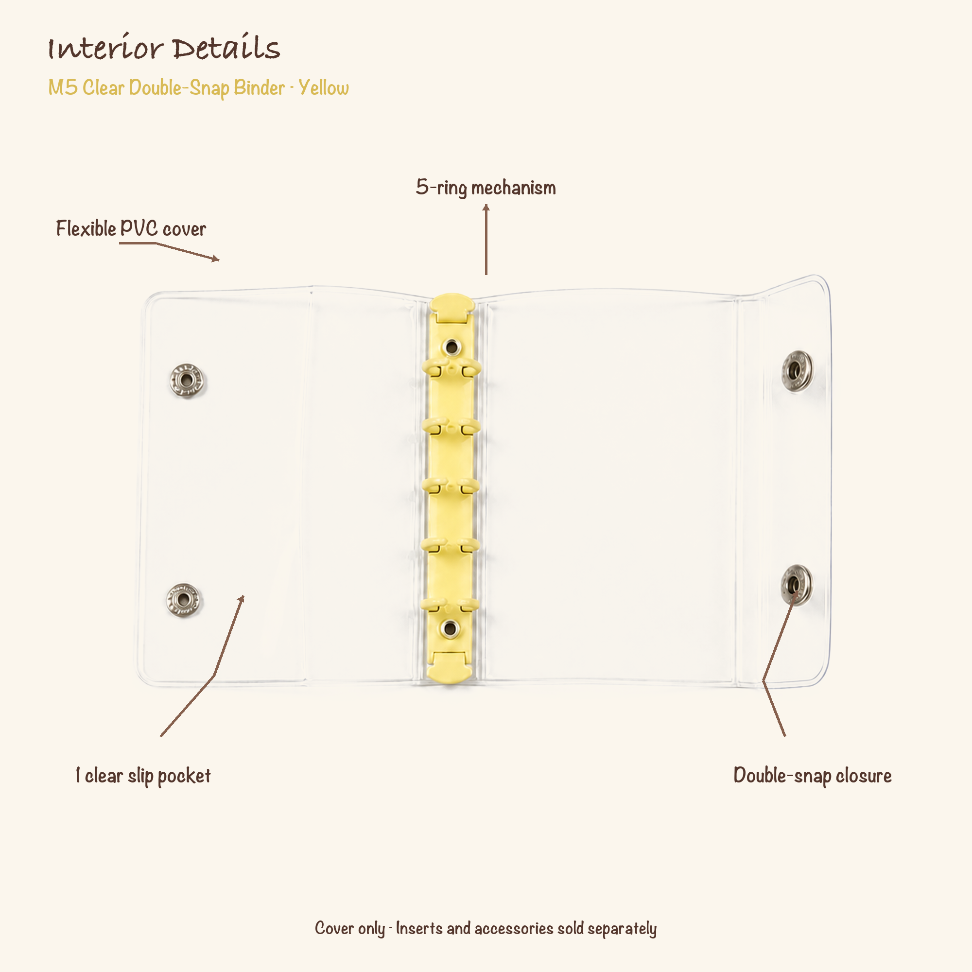 Opened Yellow M5 clear PVC binder showing flexible cover, five-ring mechanism, one slip pocket and double-snap closure