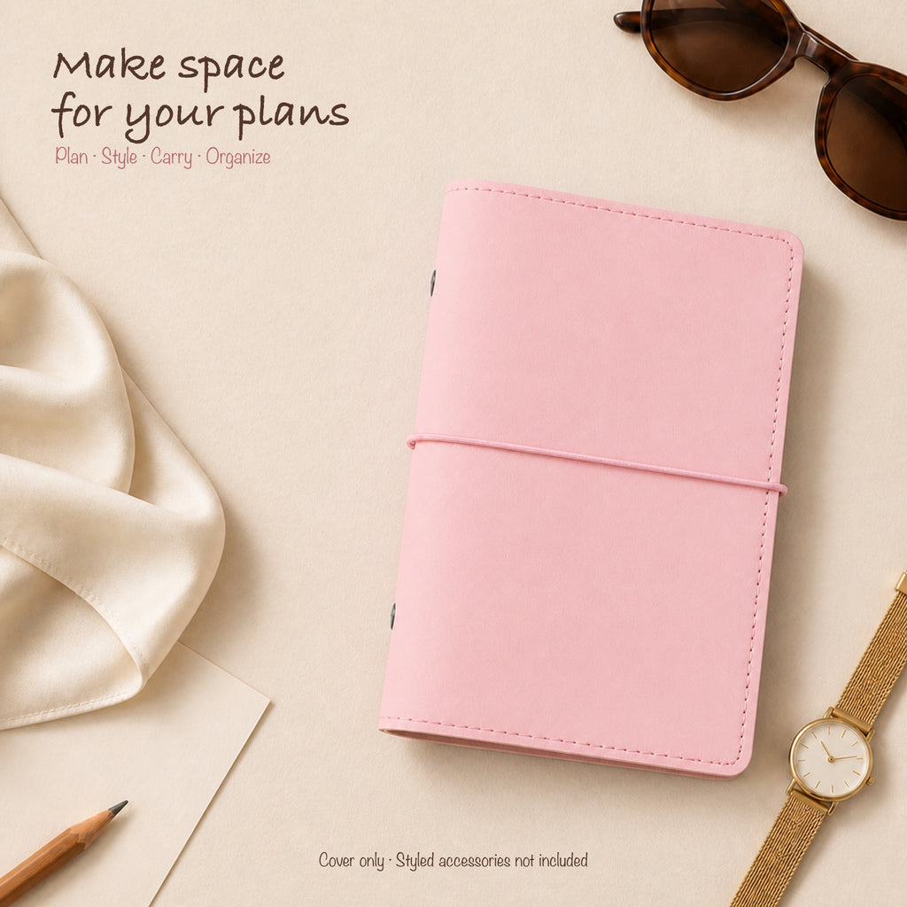 Baby Pink A6 Personal planner binder styled on a warm ivory fashion flat lay