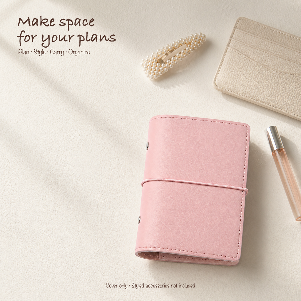 Baby Pink A7 Pocket planner cover styled with refined everyday accessories; cover only
