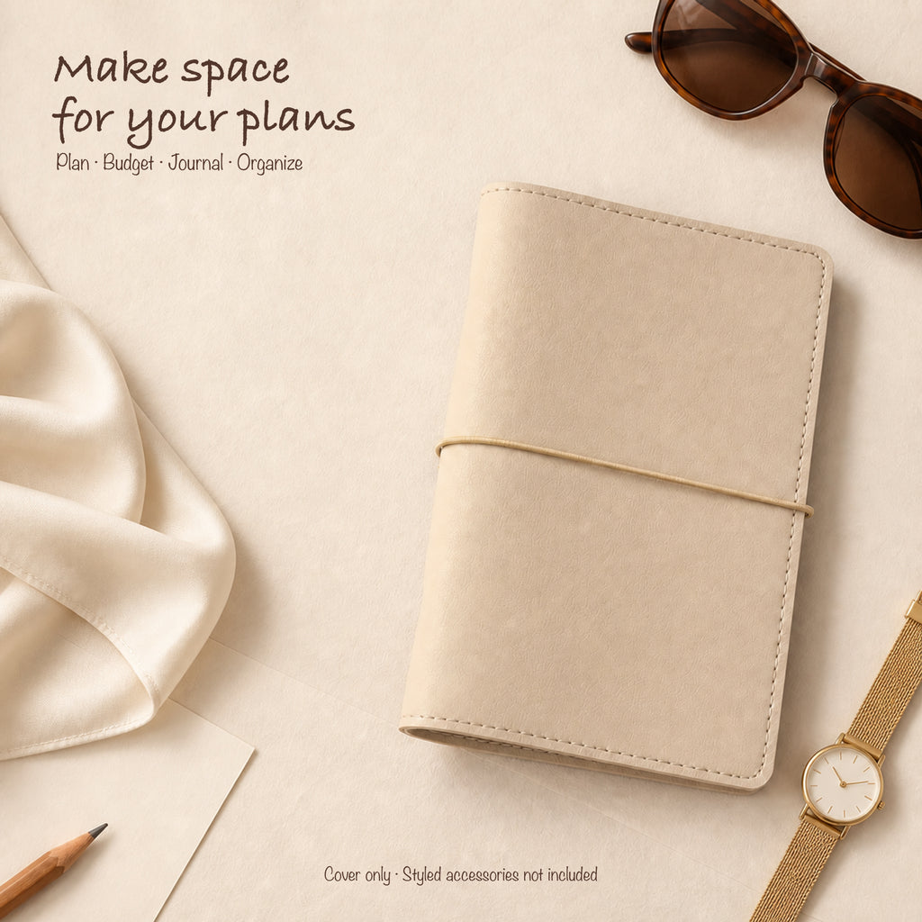 Beige A6 Personal planner binder styled with neutral fashion accessories
