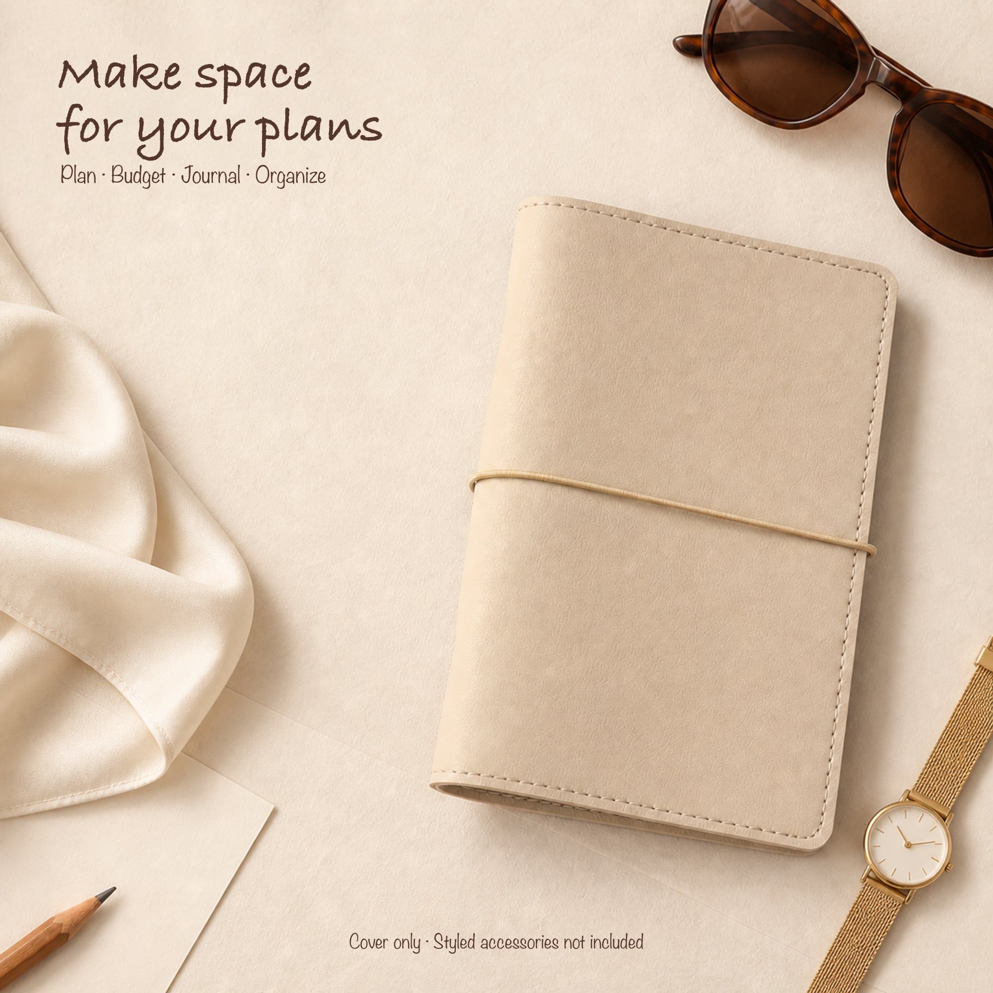 Beige A6 Personal planner binder styled with neutral fashion accessories