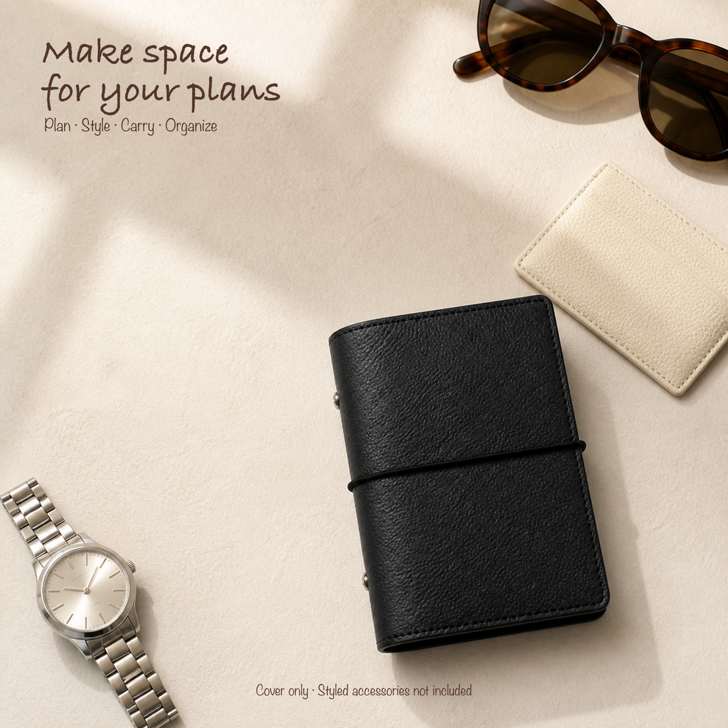 Black A7 Pocket planner cover styled with refined everyday accessories; cover only