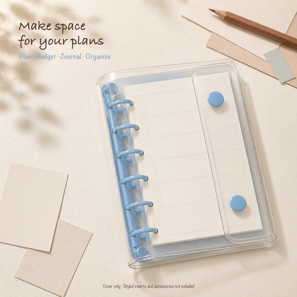 Blue A7 clear six-ring planner binder styled for compact everyday planning