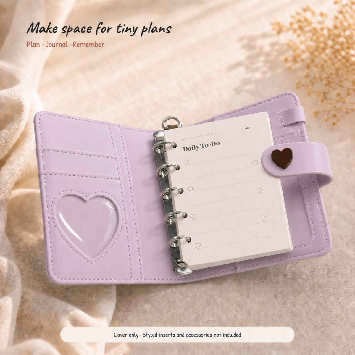 Blush pink M5 Sweetheart planner binder with Daily To-Do inserts in a warm ivory setting