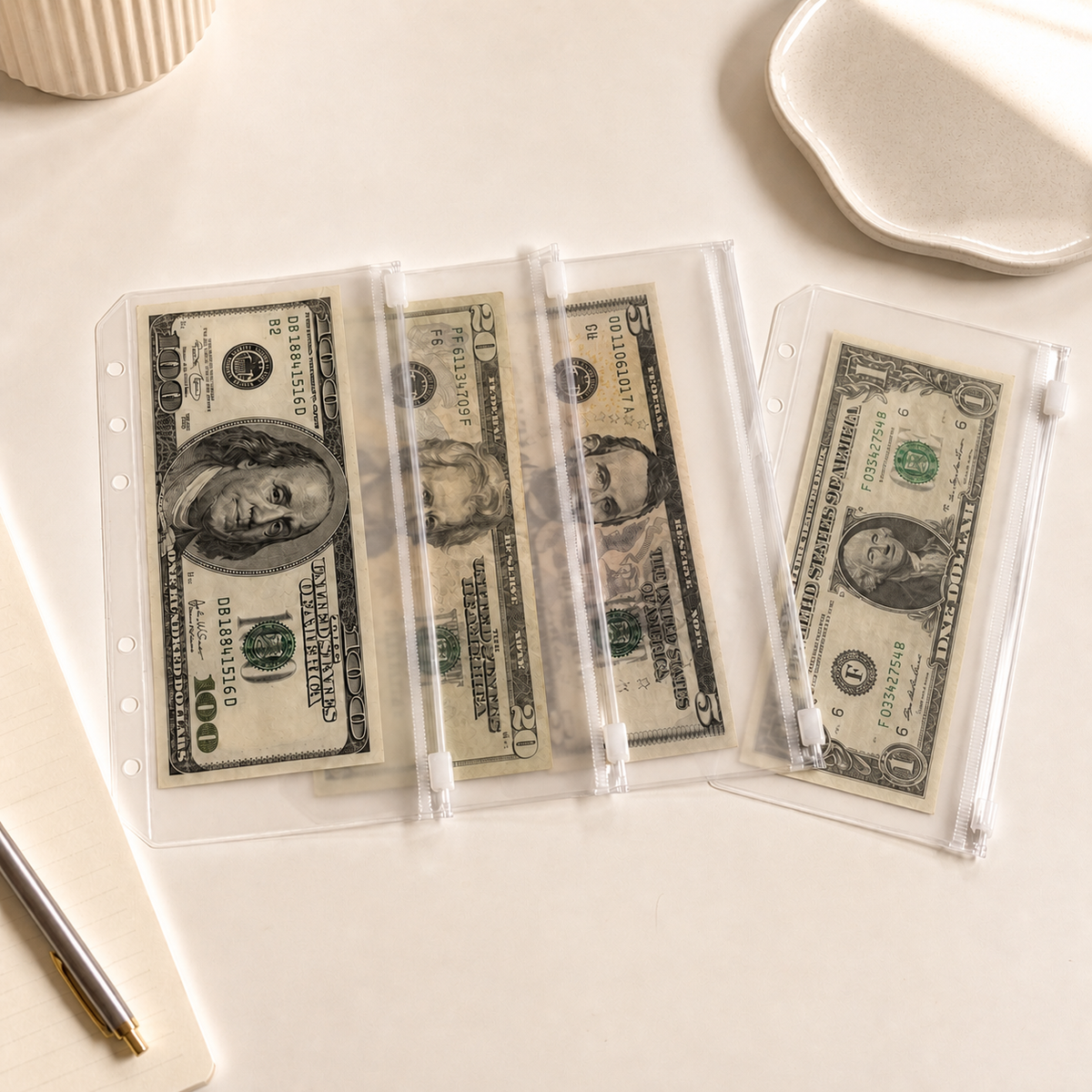 A6 zipper binder pockets organizing folded cash