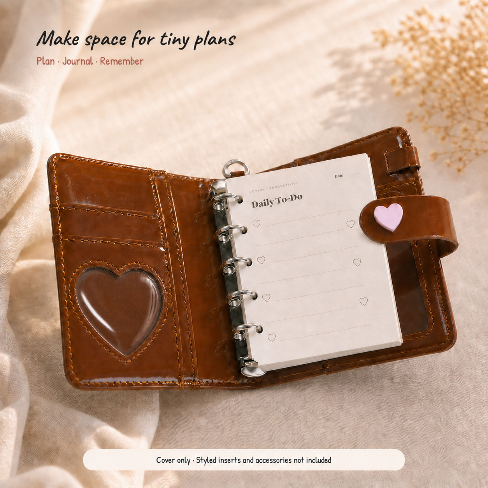 Chocolate brown M5 Sweetheart planner binder with Daily To-Do inserts in a warm ivory setting