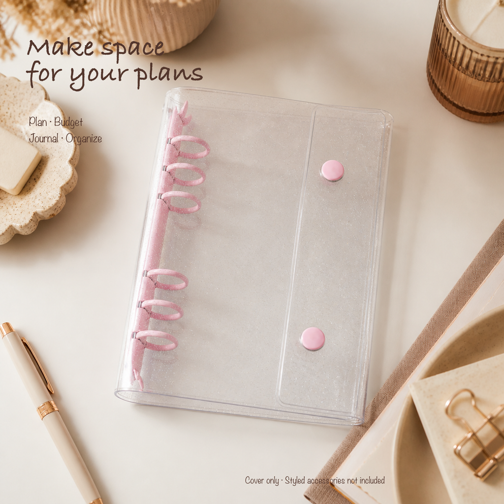 Clear Glitter Pink A6 clear six-ring planner binder styled for everyday planning