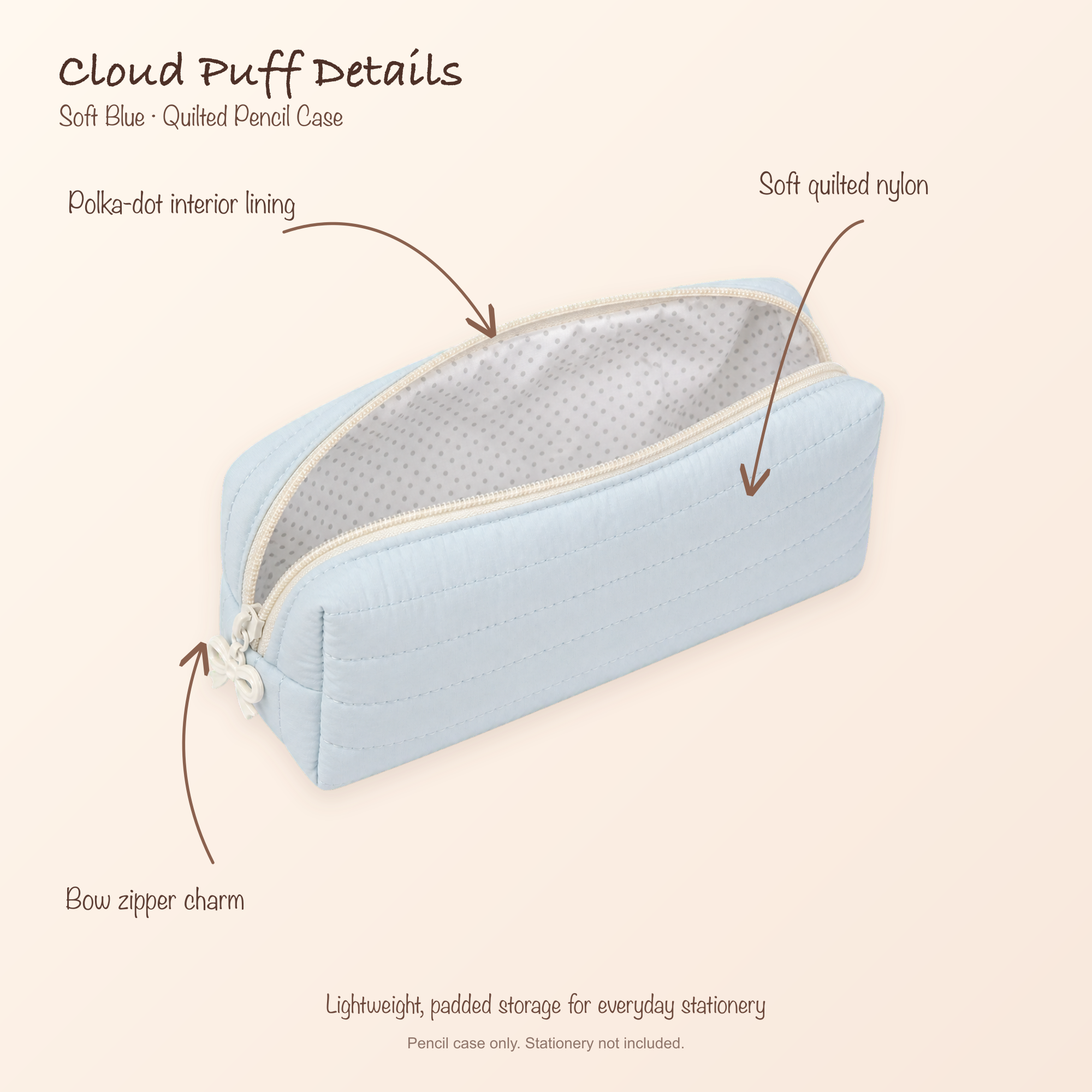Soft Blue Cloud Puff pencil case open to show polka-dot lining, quilted nylon, and bow zipper charm