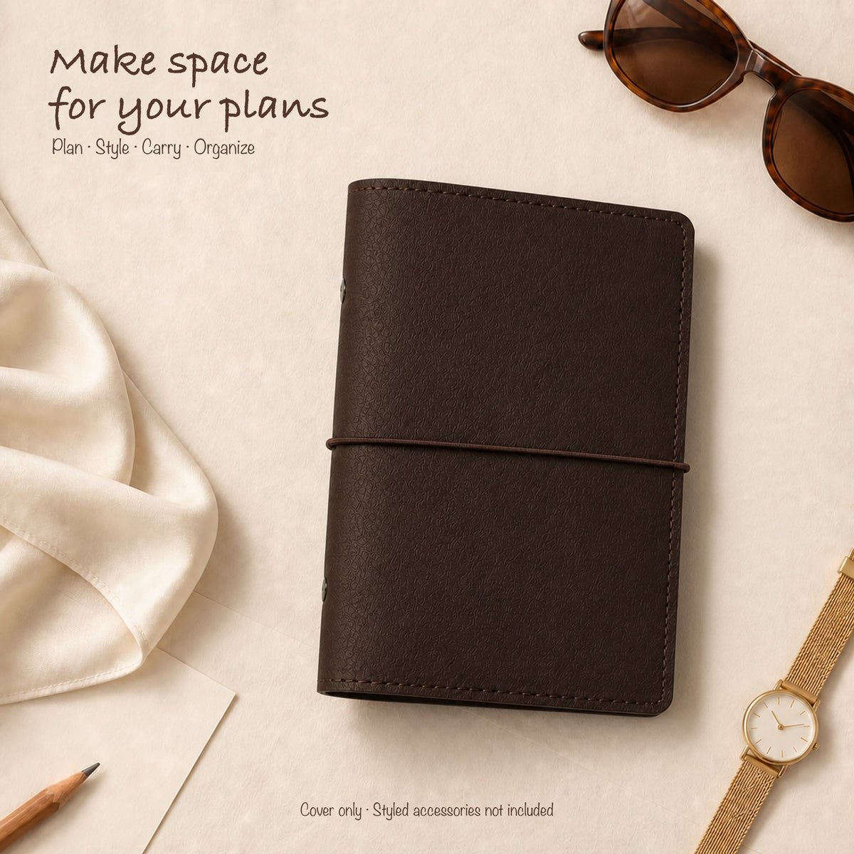 Dark Brown A6 Personal planner binder styled on a warm ivory fashion flat lay
