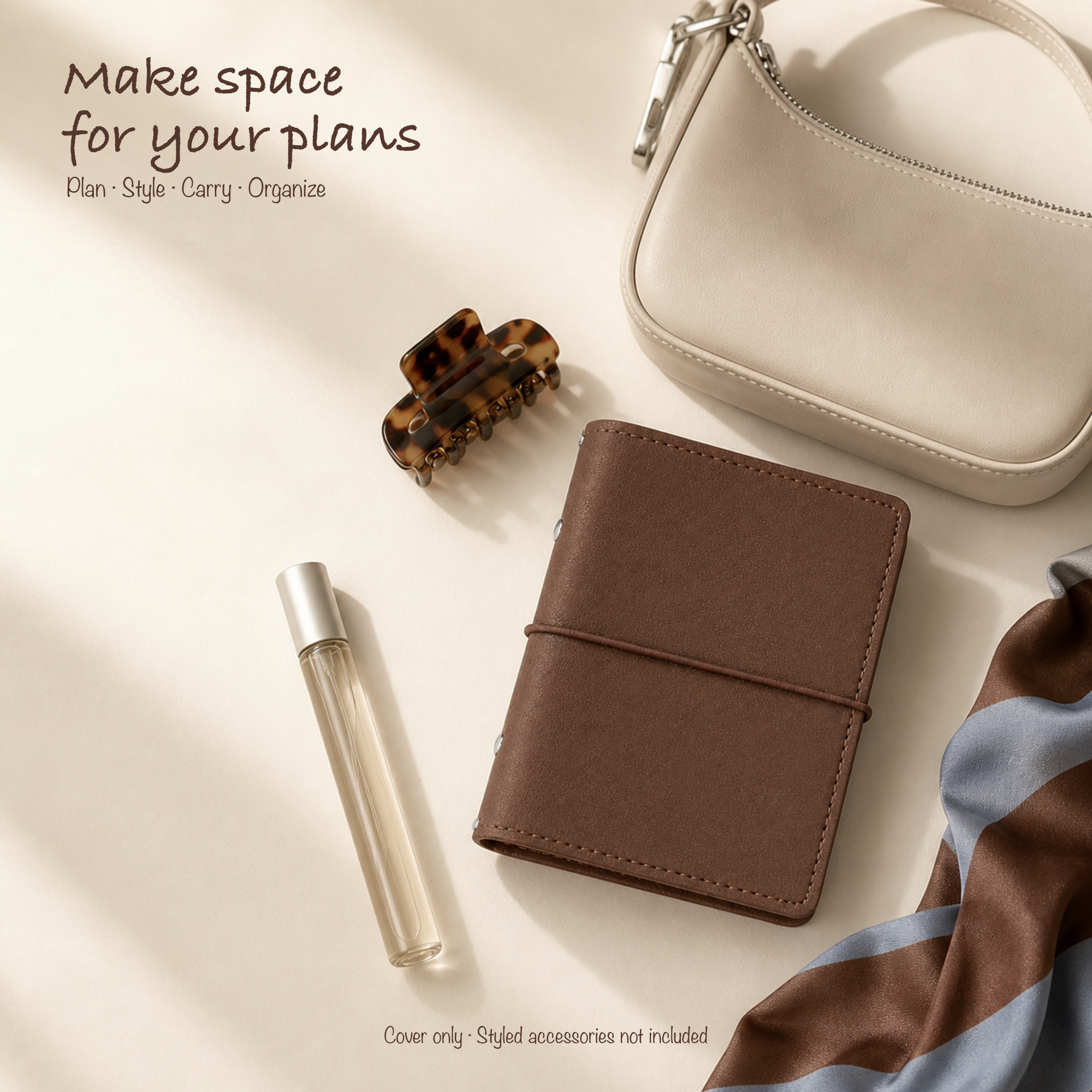 Dark Brown A7 Pocket planner cover styled with refined everyday accessories; cover only