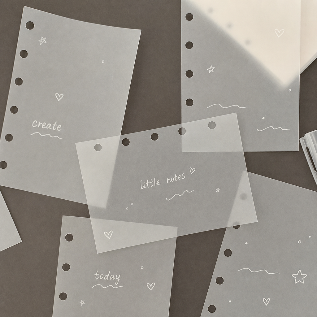 Translucent vellum planner pages layered with simple English notes and white doodles