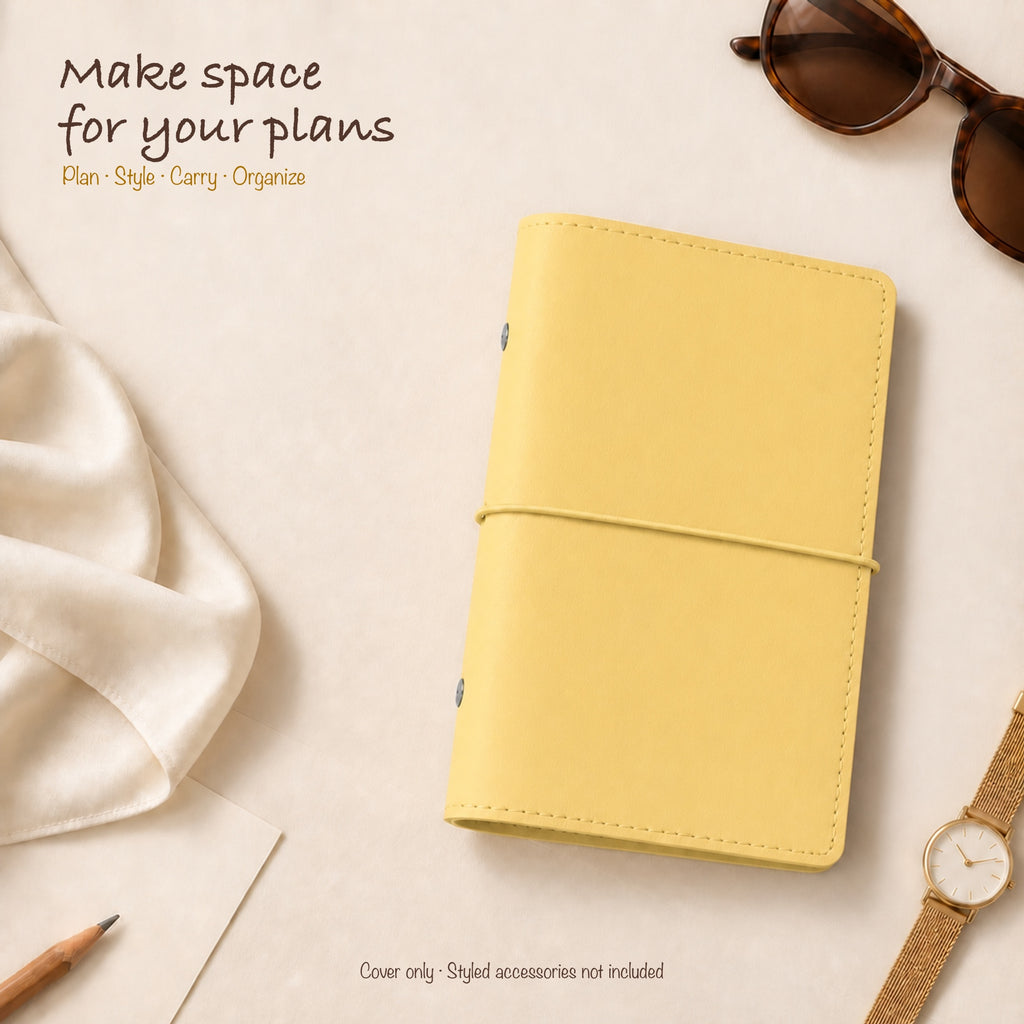 Butter Yellow A6 Personal planner binder styled on a warm ivory fashion flat lay