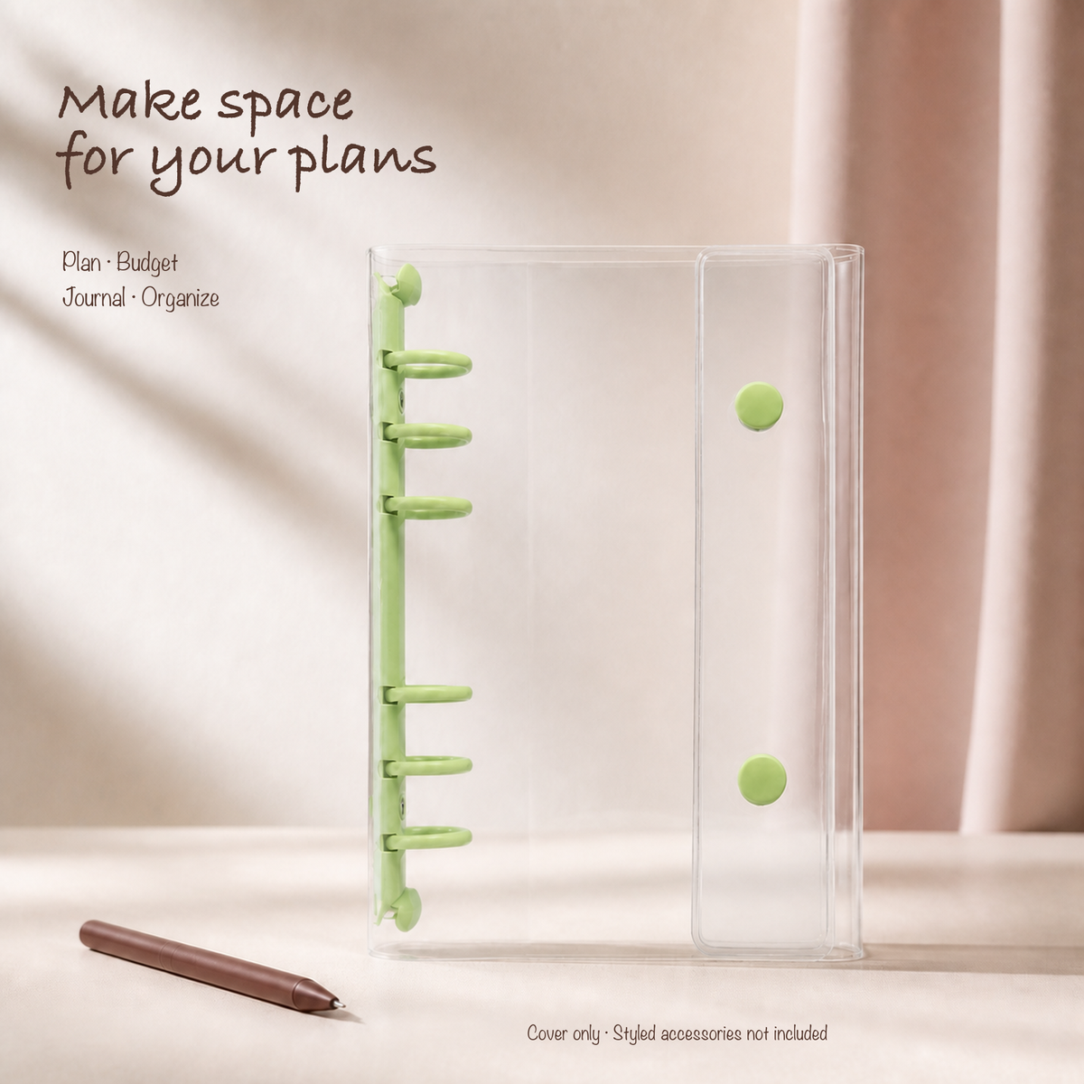 Green A6 clear six-ring planner binder styled for everyday planning
