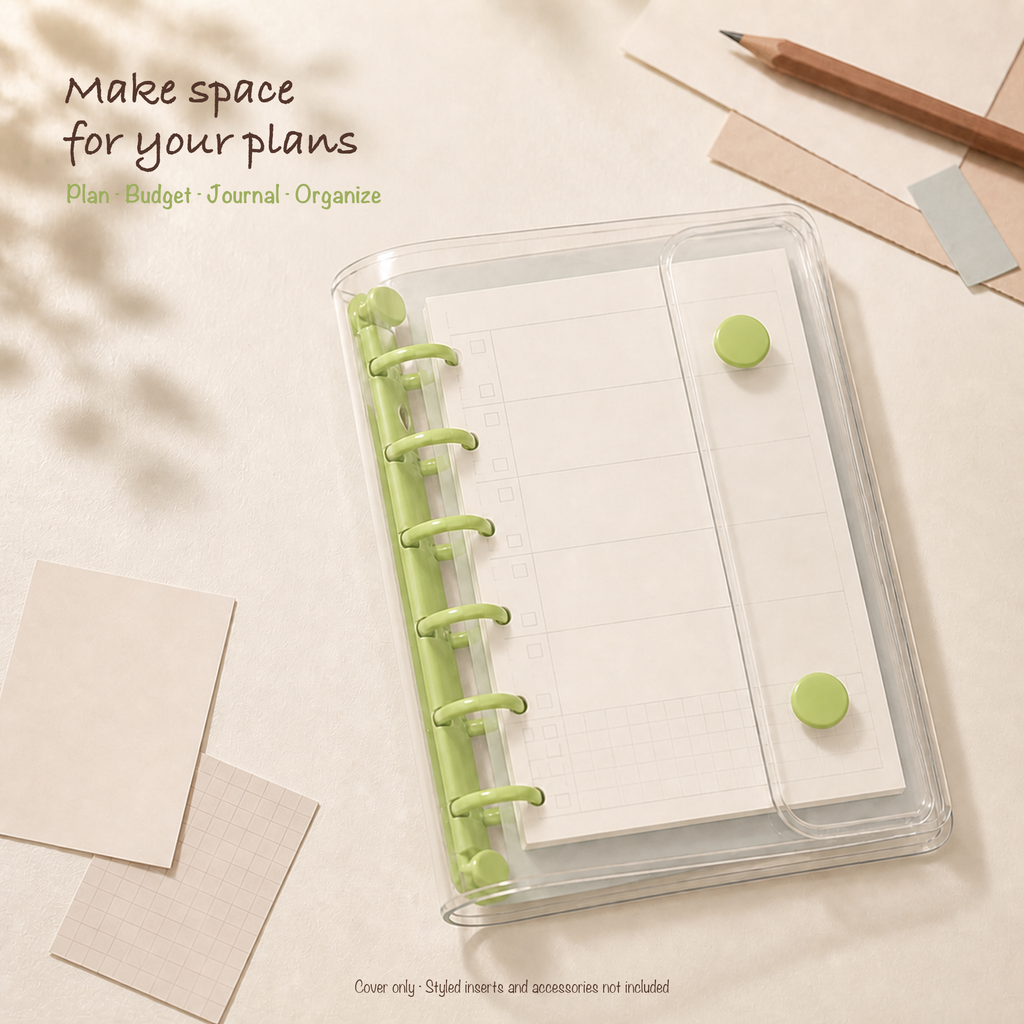 Green A7 clear six-ring planner binder styled for compact everyday planning