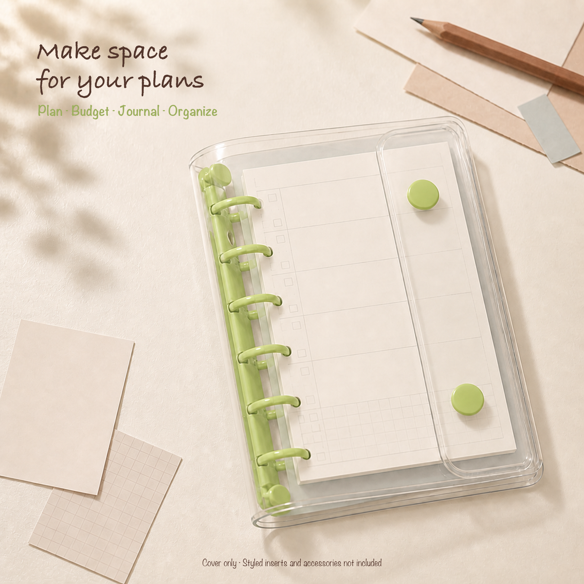 Green A7 clear six-ring planner binder styled for compact everyday planning