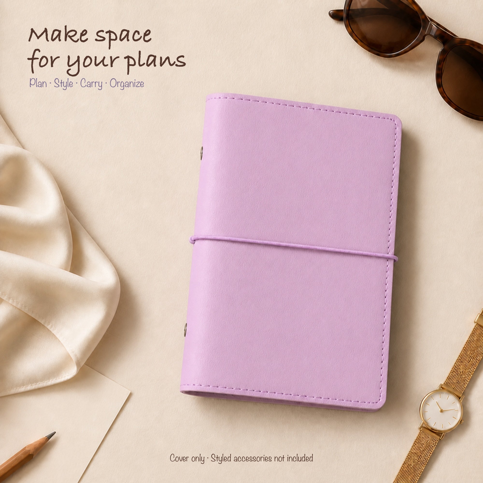 Light Purple A6 Personal planner binder styled on a warm ivory fashion flat lay