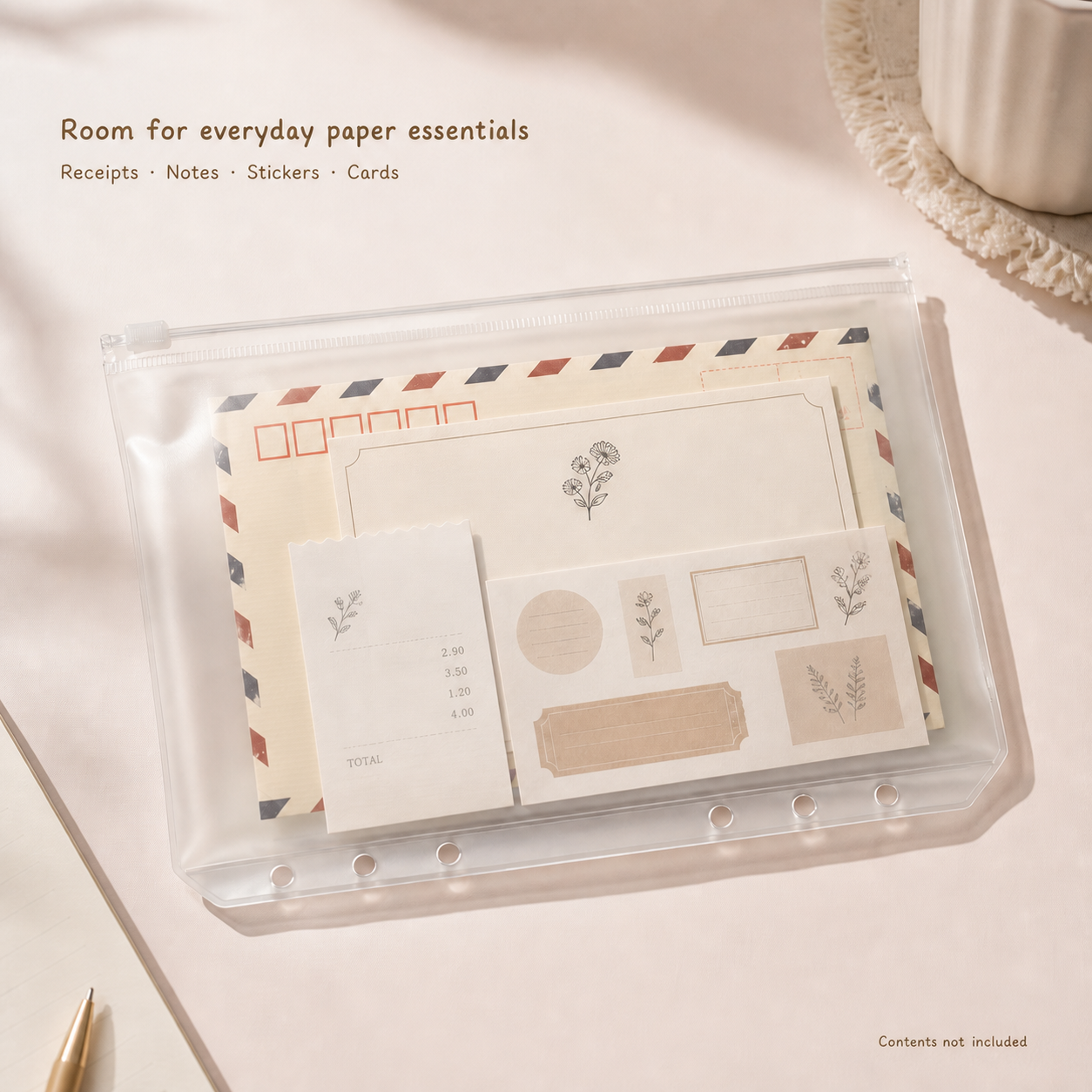 A5 zipper binder pocket organizing receipts, notes, stickers and cards