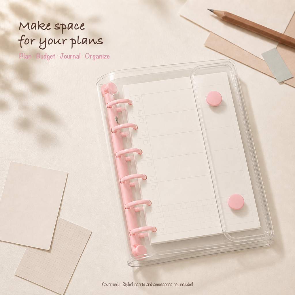 Pink A7 clear six-ring planner binder styled for compact everyday planning