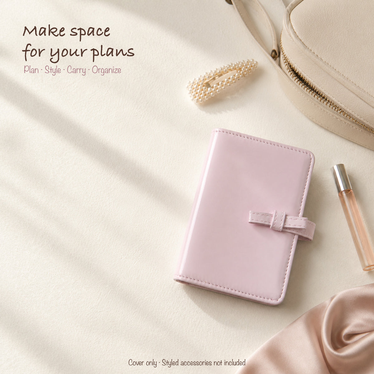 Blush pink bow A7 Pocket planner cover in a warm ivory stationery setting