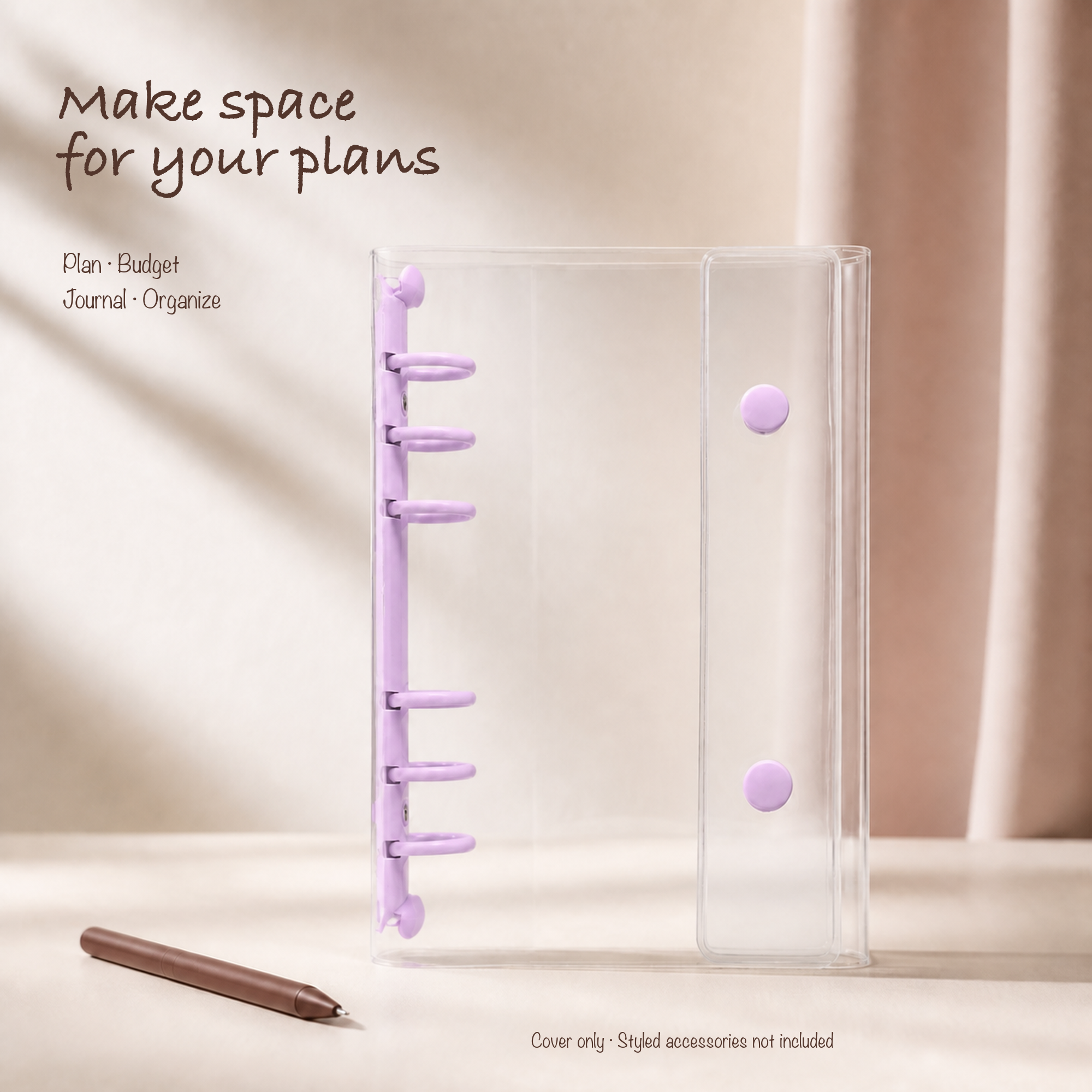 Purple A6 clear six-ring planner binder styled for everyday planning