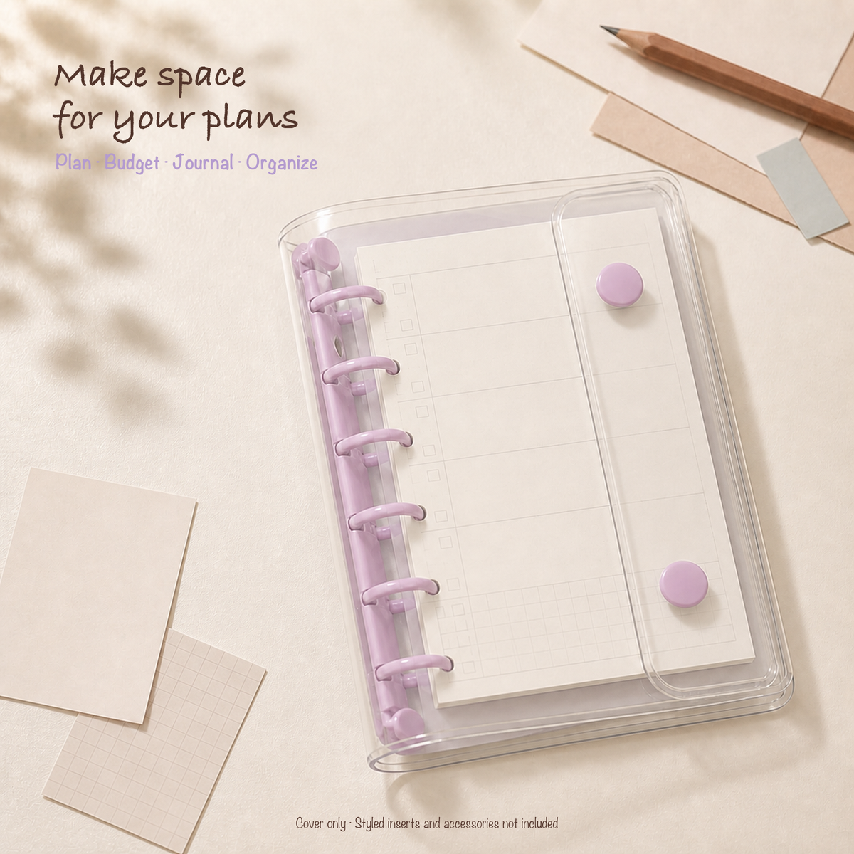 Purple A7 clear six-ring planner binder styled for compact everyday planning