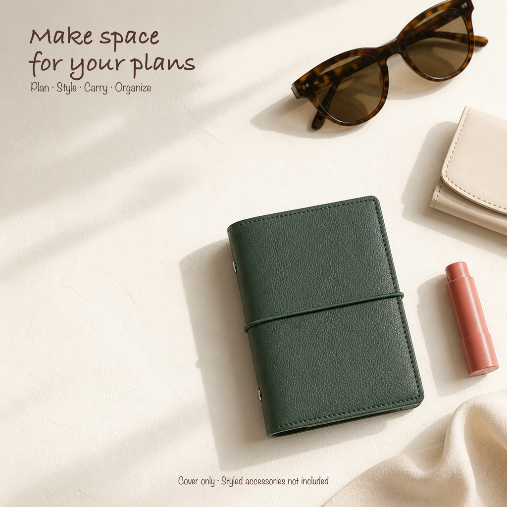 Soft Green A7 Pocket planner cover styled with refined everyday accessories; cover only