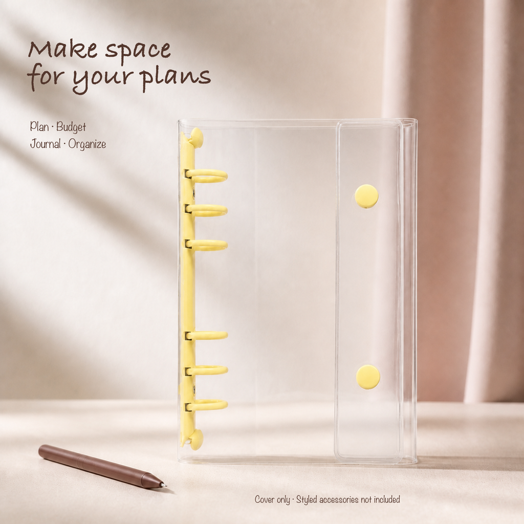 Yellow A6 clear six-ring planner binder styled for everyday planning