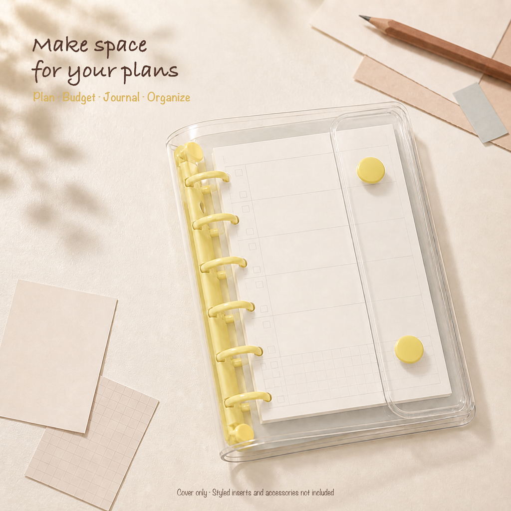 Yellow A7 clear six-ring planner binder styled for compact everyday planning