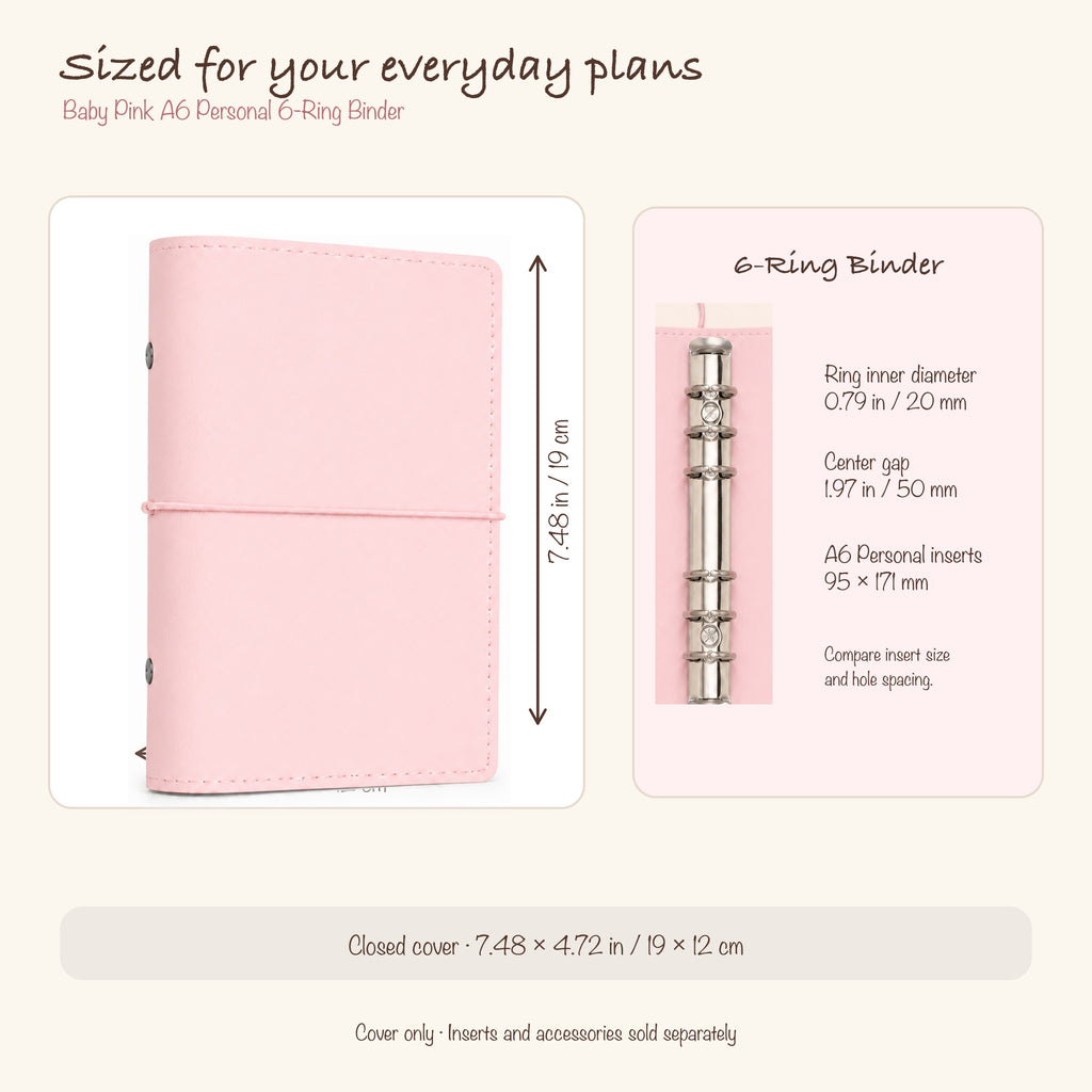 Baby Pink A6 Personal planner binder size and six-ring insert compatibility guide
