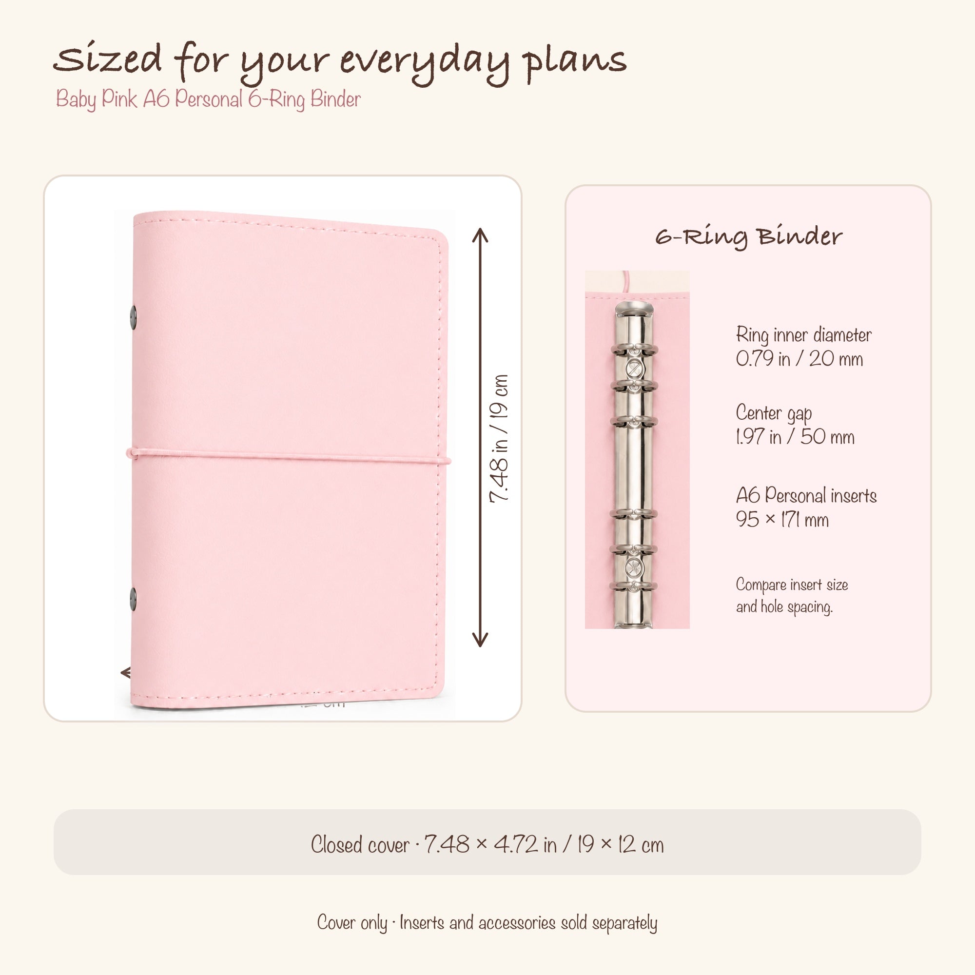 Baby Pink A6 Personal planner binder size and six-ring insert compatibility guide
