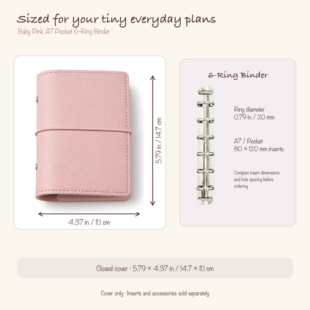 Baby Pink A7 Pocket six-ring planner cover size and insert compatibility guide