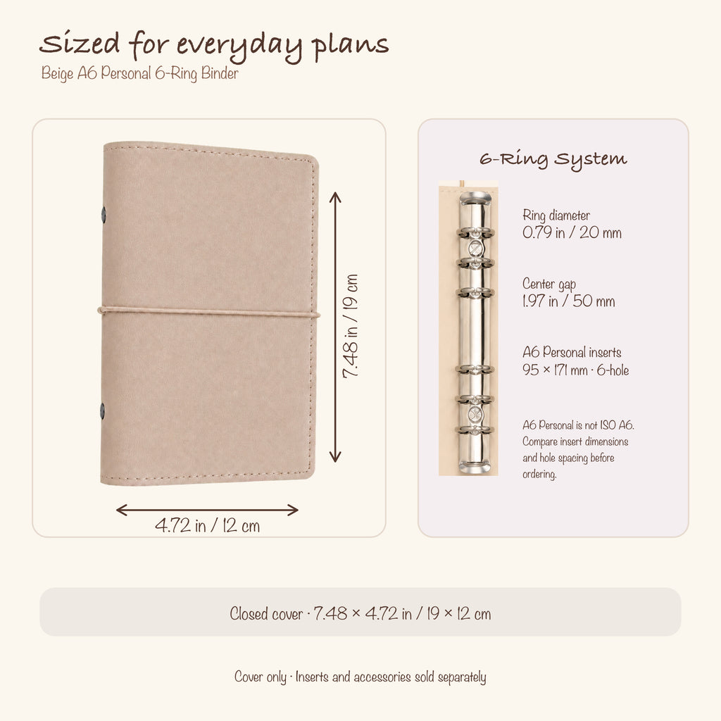 Beige A6 Personal planner binder size and six-ring insert compatibility guide