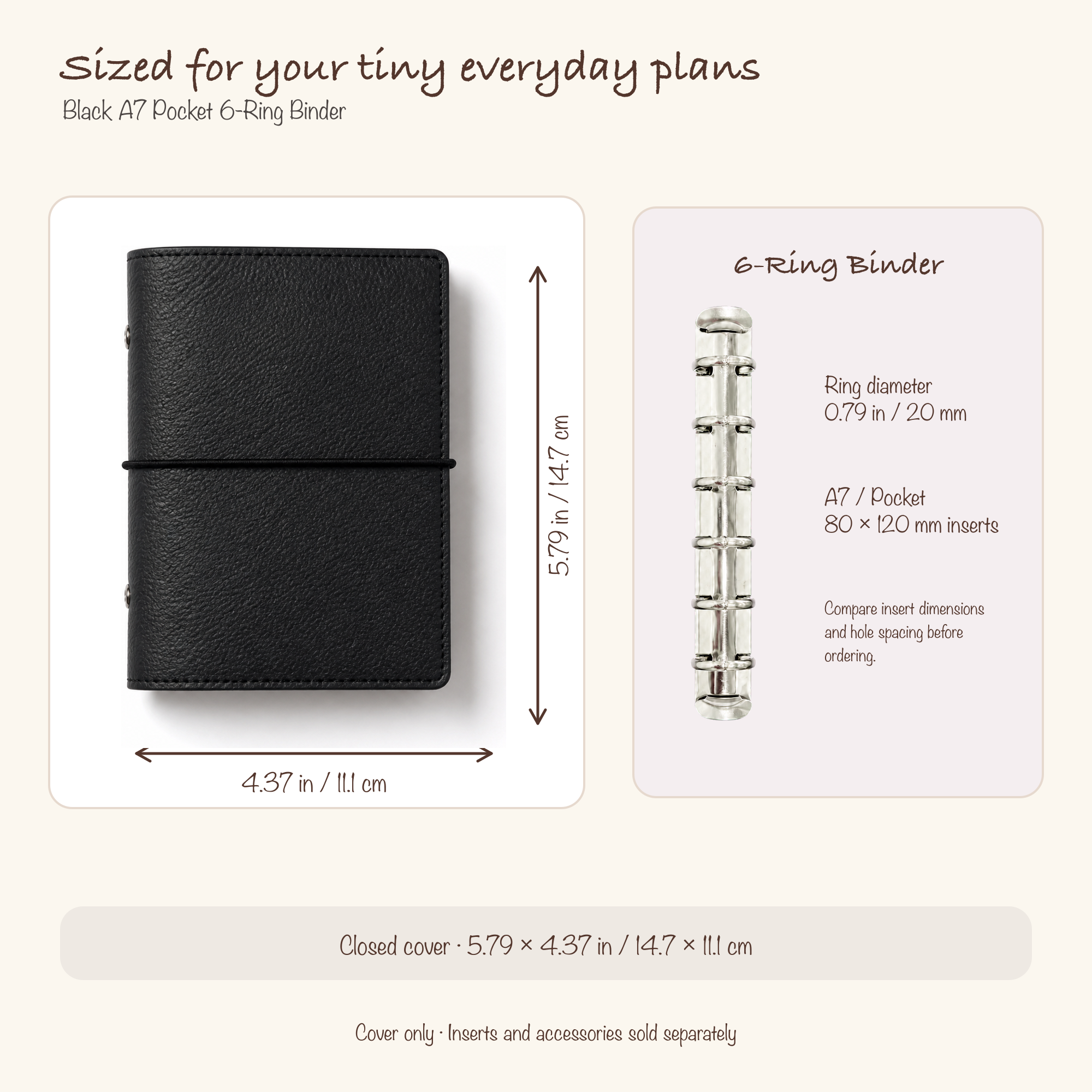 Black A7 Pocket six-ring planner cover size and insert compatibility guide