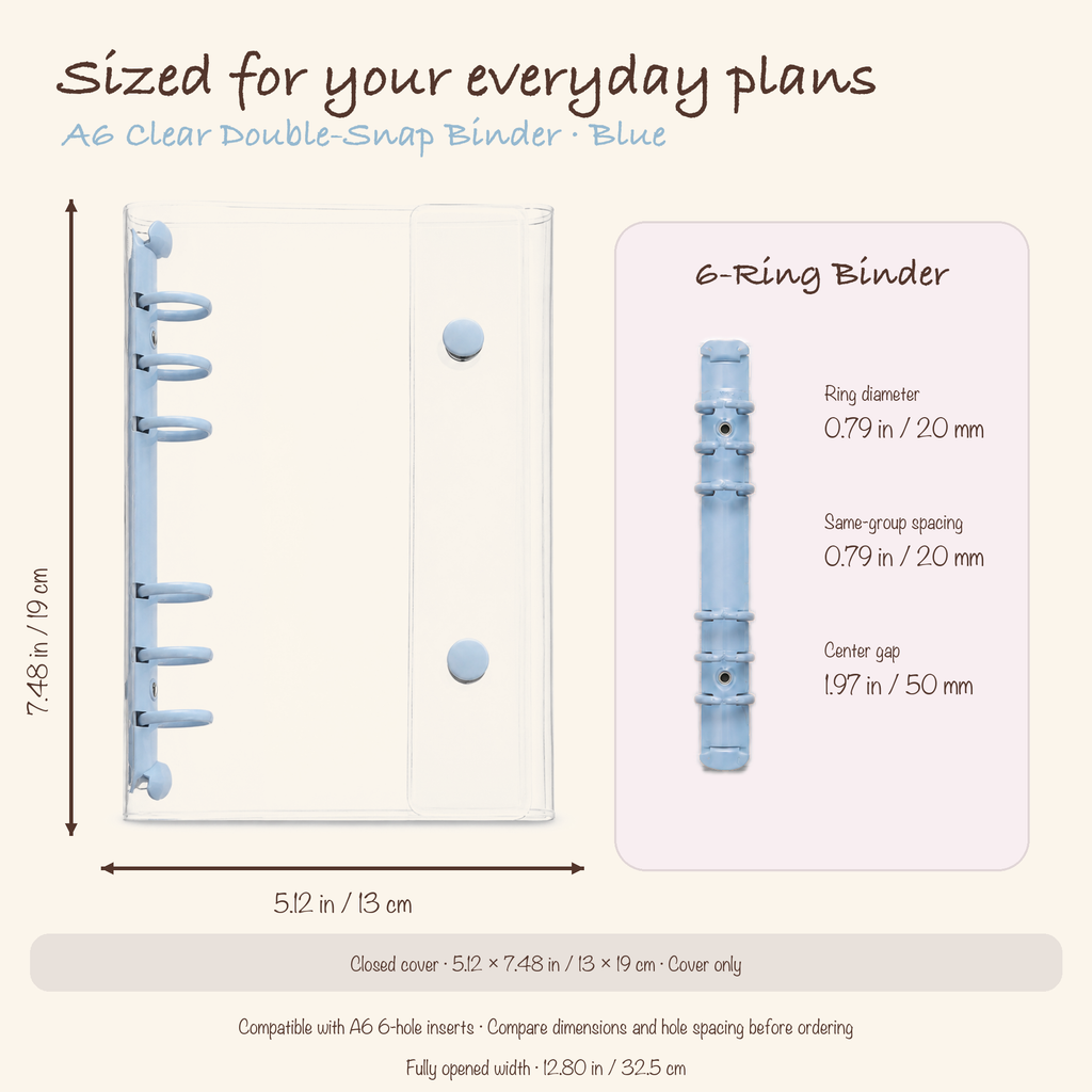 Blue A6 clear planner binder dimensions, ring diameter, and hole spacing