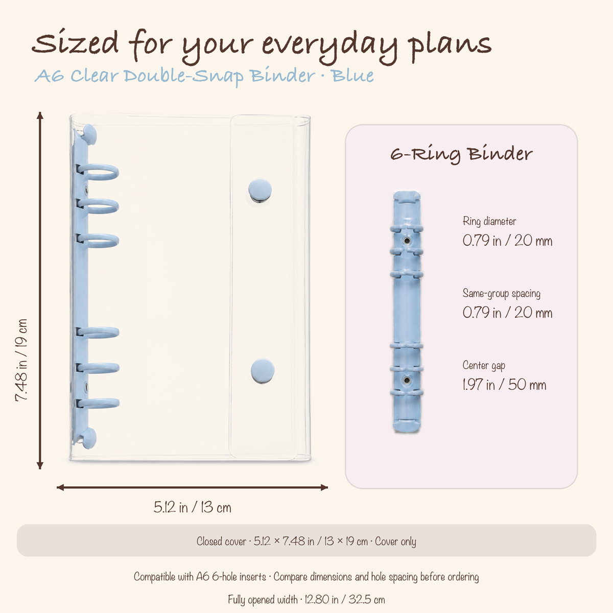 Blue A6 clear planner binder dimensions, ring diameter, and hole spacing