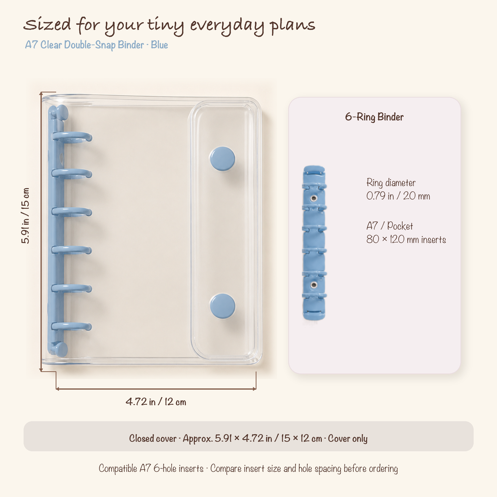 Blue A7 clear planner binder dimensions and 20 mm six-ring specification