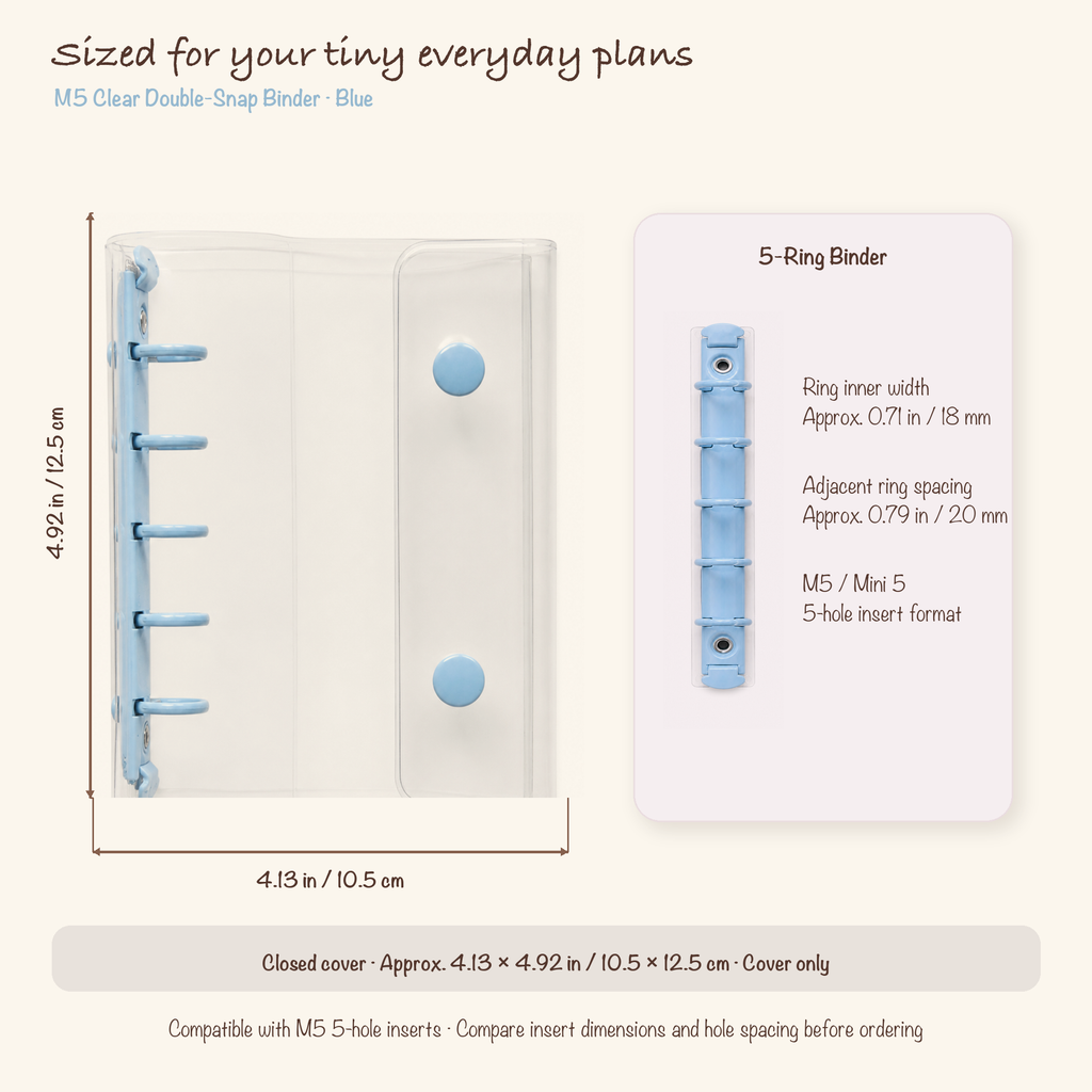 Blue M5 clear planner binder dimensions, 18 mm ring inner width and five-hole spacing