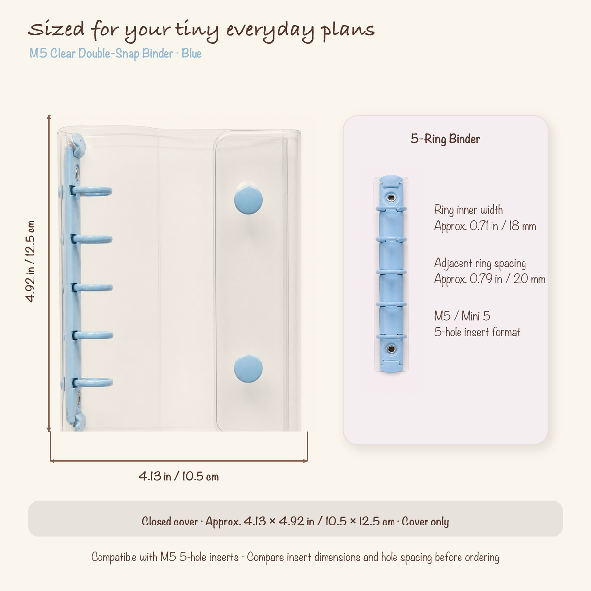 Blue M5 clear planner binder dimensions, 18 mm ring inner width and five-hole spacing