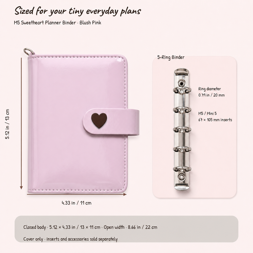 Blush pink M5 five-ring planner binder cover size and insert compatibility guide