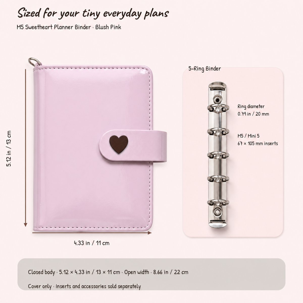 Blush pink M5 five-ring planner binder cover size and insert compatibility guide