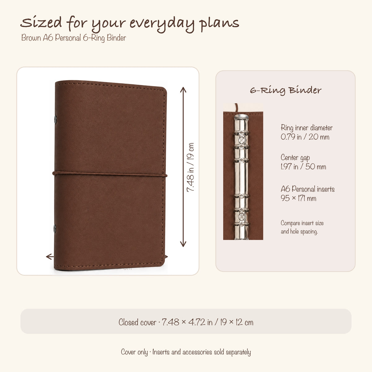 Brown A6 Personal planner binder size and six-ring insert compatibility guide
